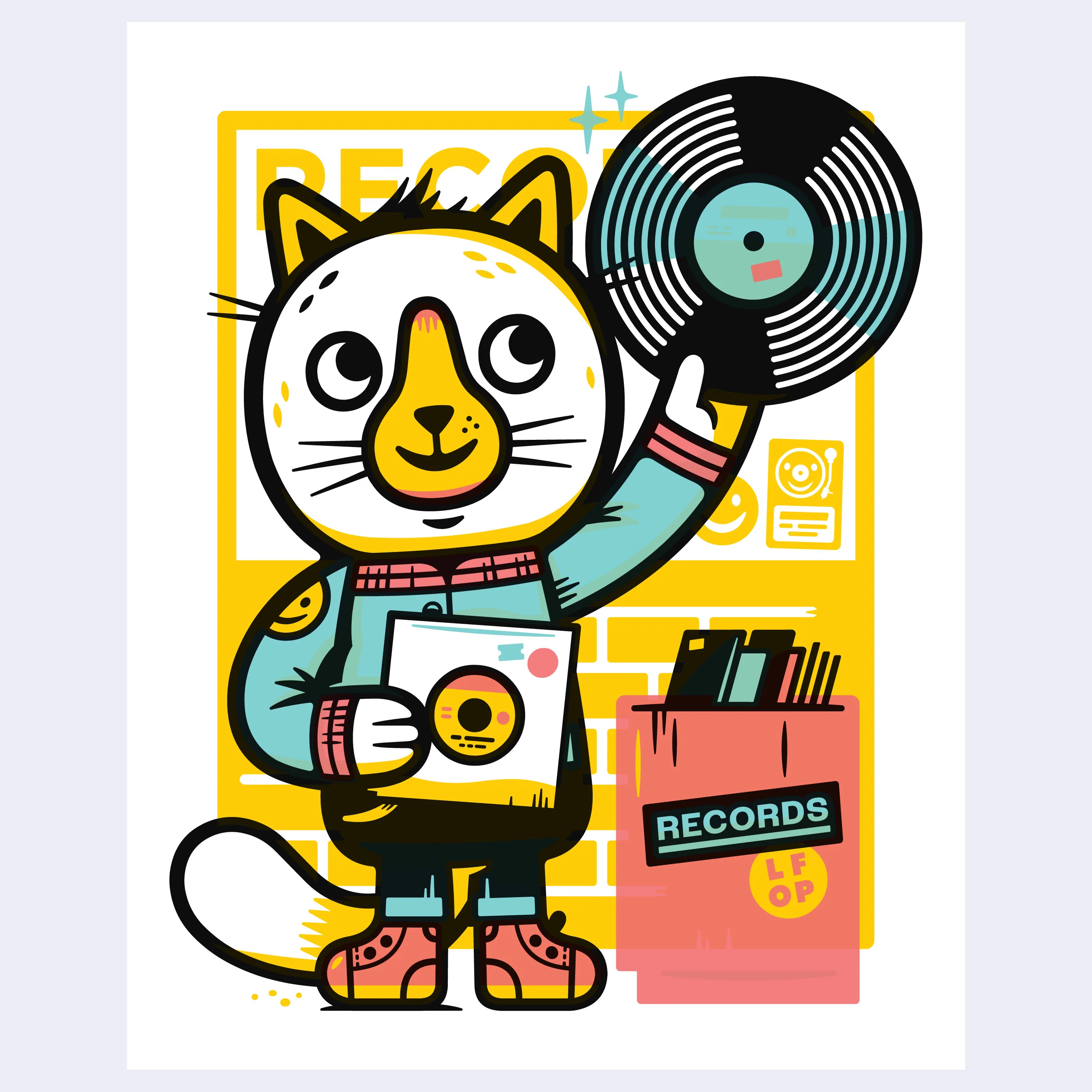 ANIMALS - #154 - The Little Friends of Printmaking - "Record Cat" (Framed)