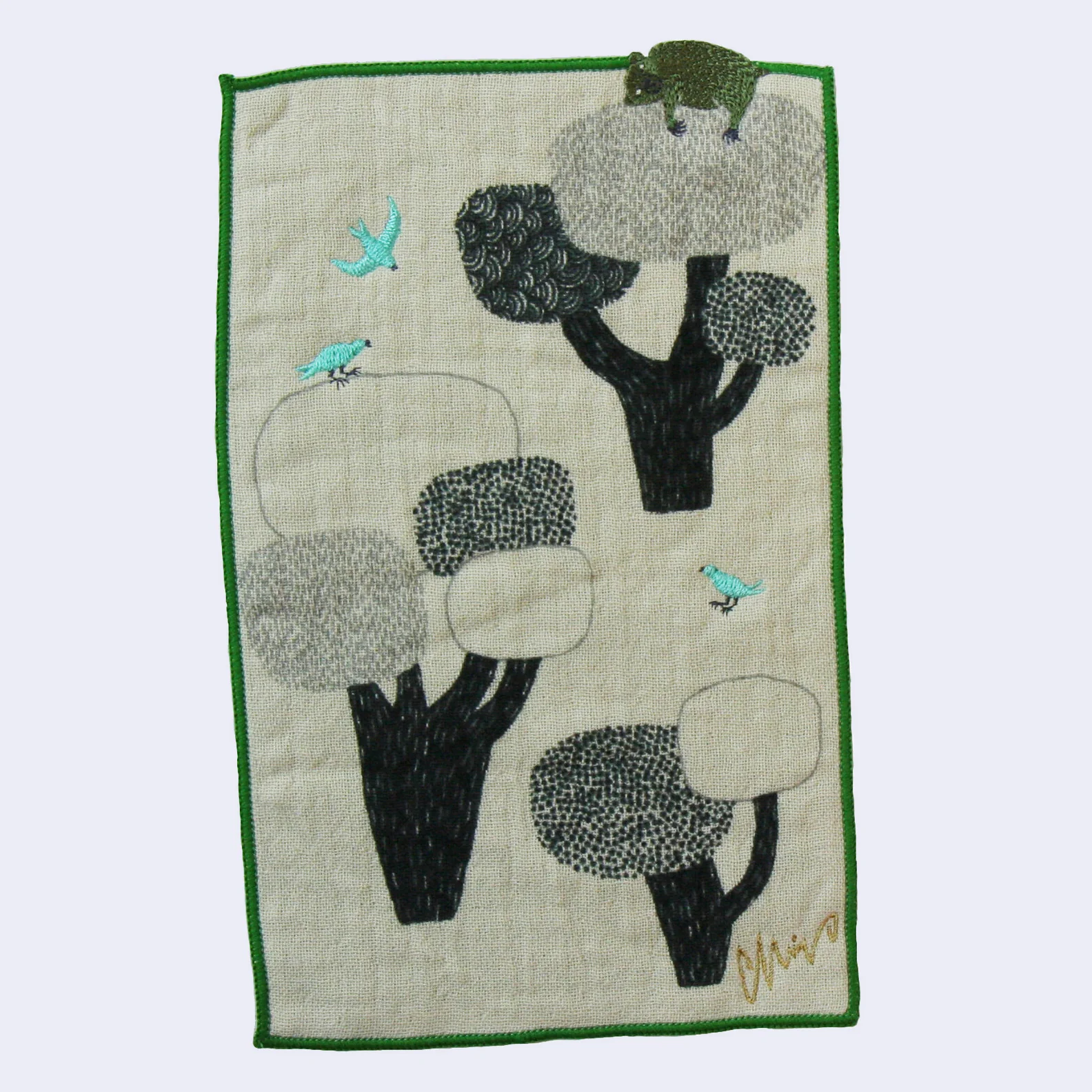Bear and Birds Embroidered Handkerchief Towel (Green)