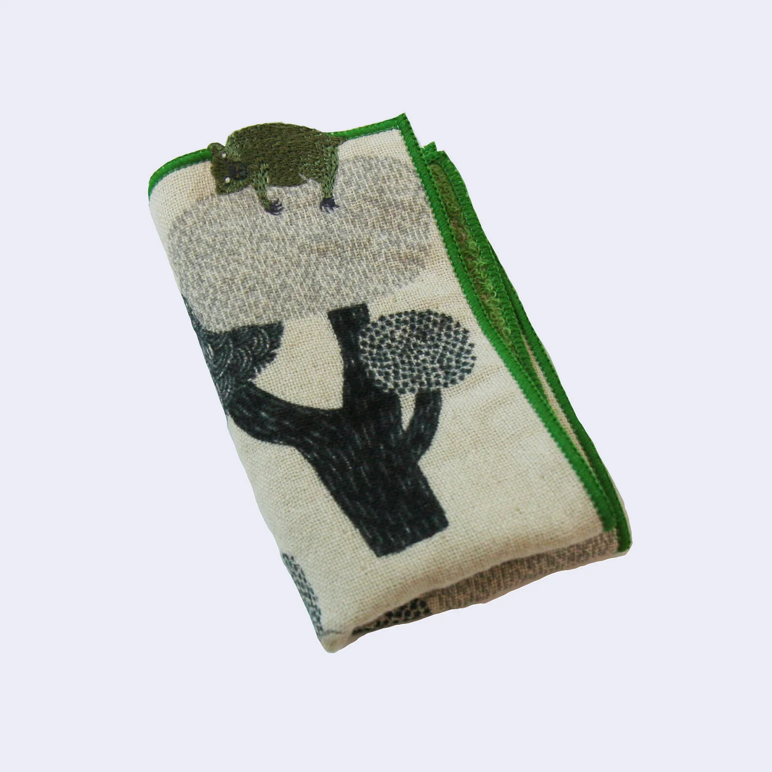 Bear and Birds Embroidered Handkerchief Towel (Green) - Image 2
