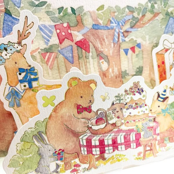 Happy Birthday Forest Animal Party 3D Greeting Card (Green) - Image 3