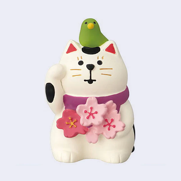 Decole - Cherry Blossom Cat w/ Bird Miniature Animal Figure