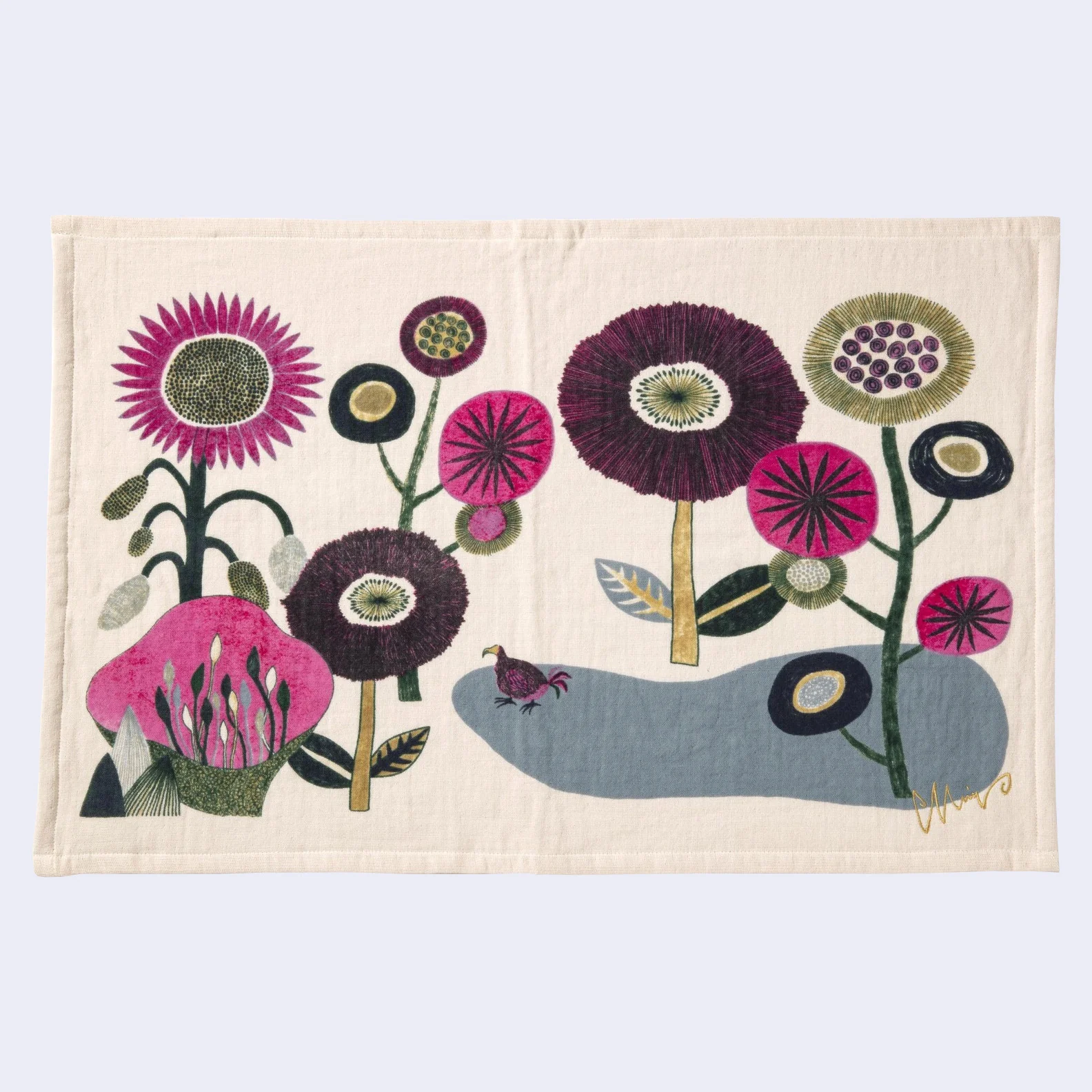 Dodo Bird & Flowers Large Rectangle Tea Towel (Beige and Pink)
