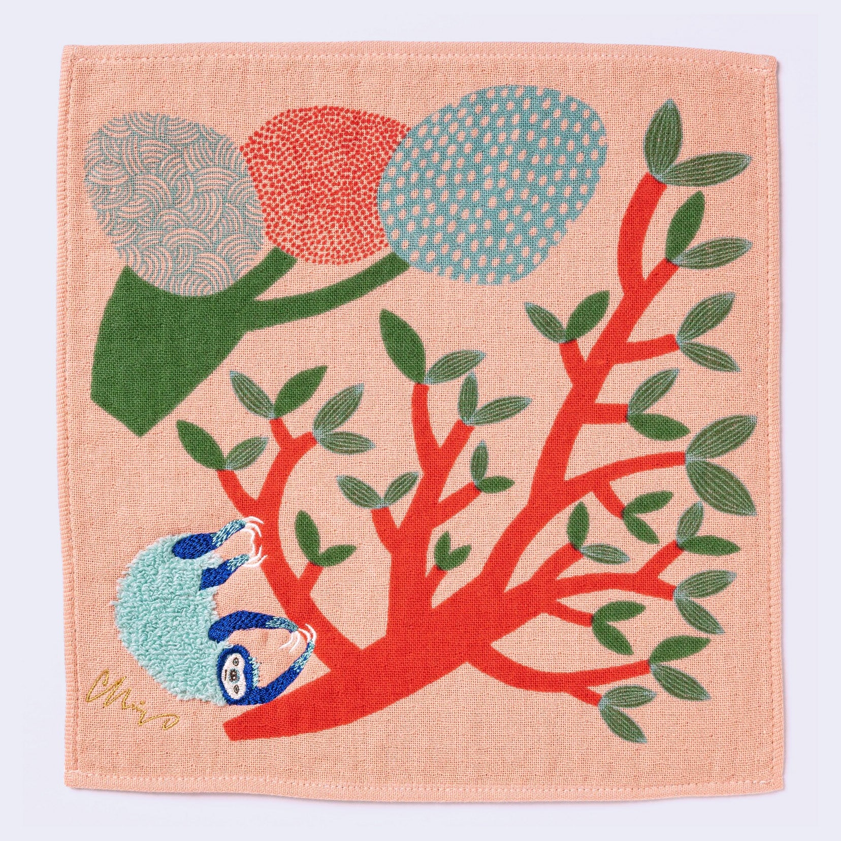 Fluffy Blue Sloth Square Towel/Handkerchief (Salmon Pink)