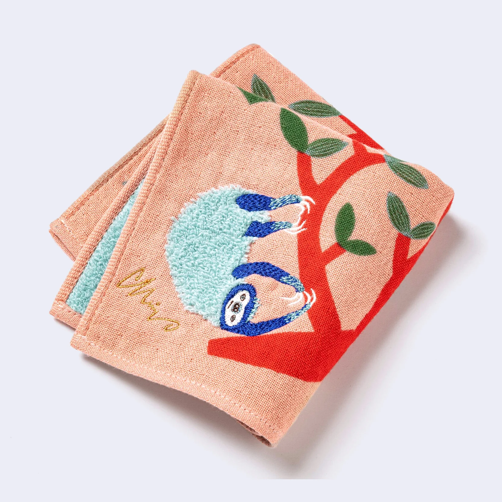 Fluffy Blue Sloth Square Towel/Handkerchief (Salmon Pink) - Image 2