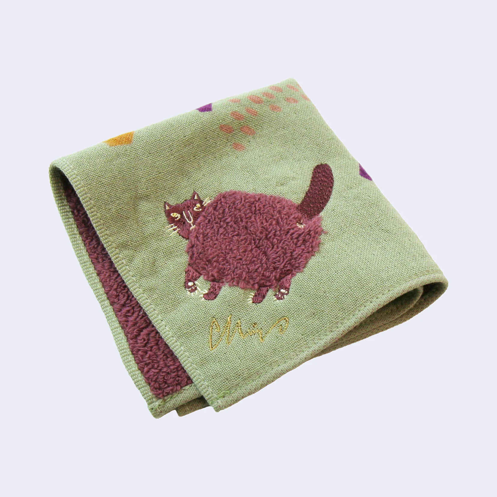 Fluffy Burgundy Cat w/ Houses Square Towel/Handkerchief (Sage Green) - Image 2