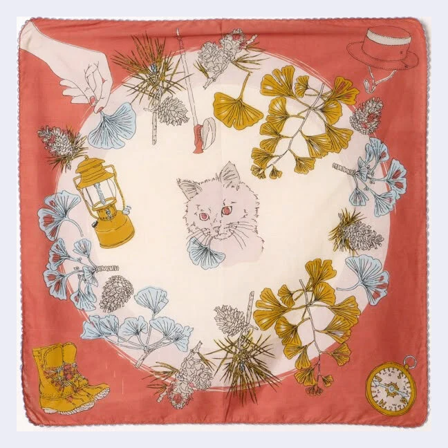 Kilki - Cat & Ginkgo Leaves Cotton Handkerchief/Bandana (Terracotta)