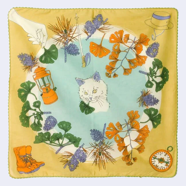 Kilki - Cat & Ginkgo Leaves Cotton Handkerchief/Bandana (Yellow)