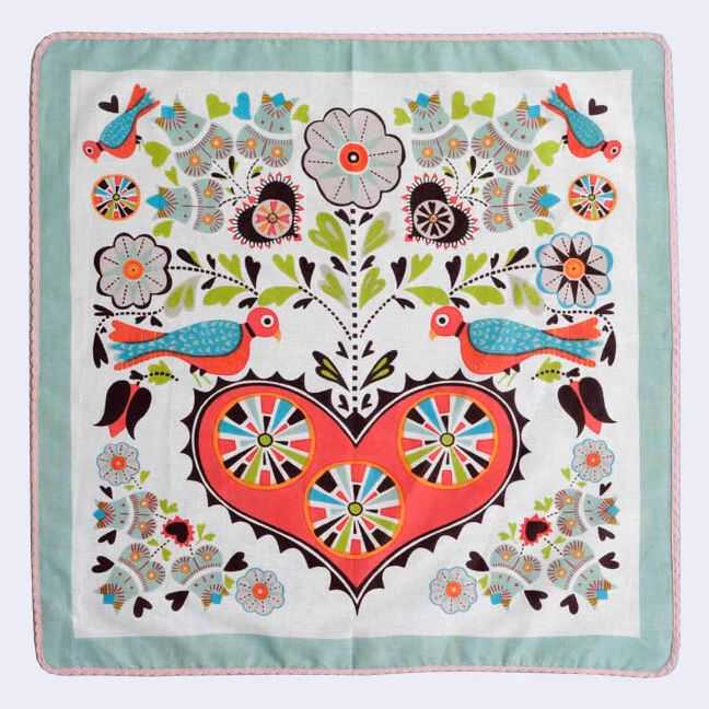Kilki - Hearts & Birds Cotton Handkerchief/Bandana (Blue & Red)