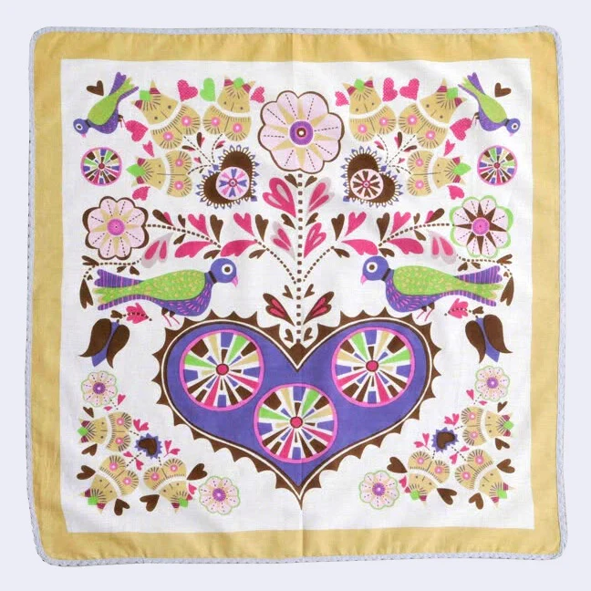 Kilki - Hearts & Birds Cotton Handkerchief/Bandana (Yellow & Purple)