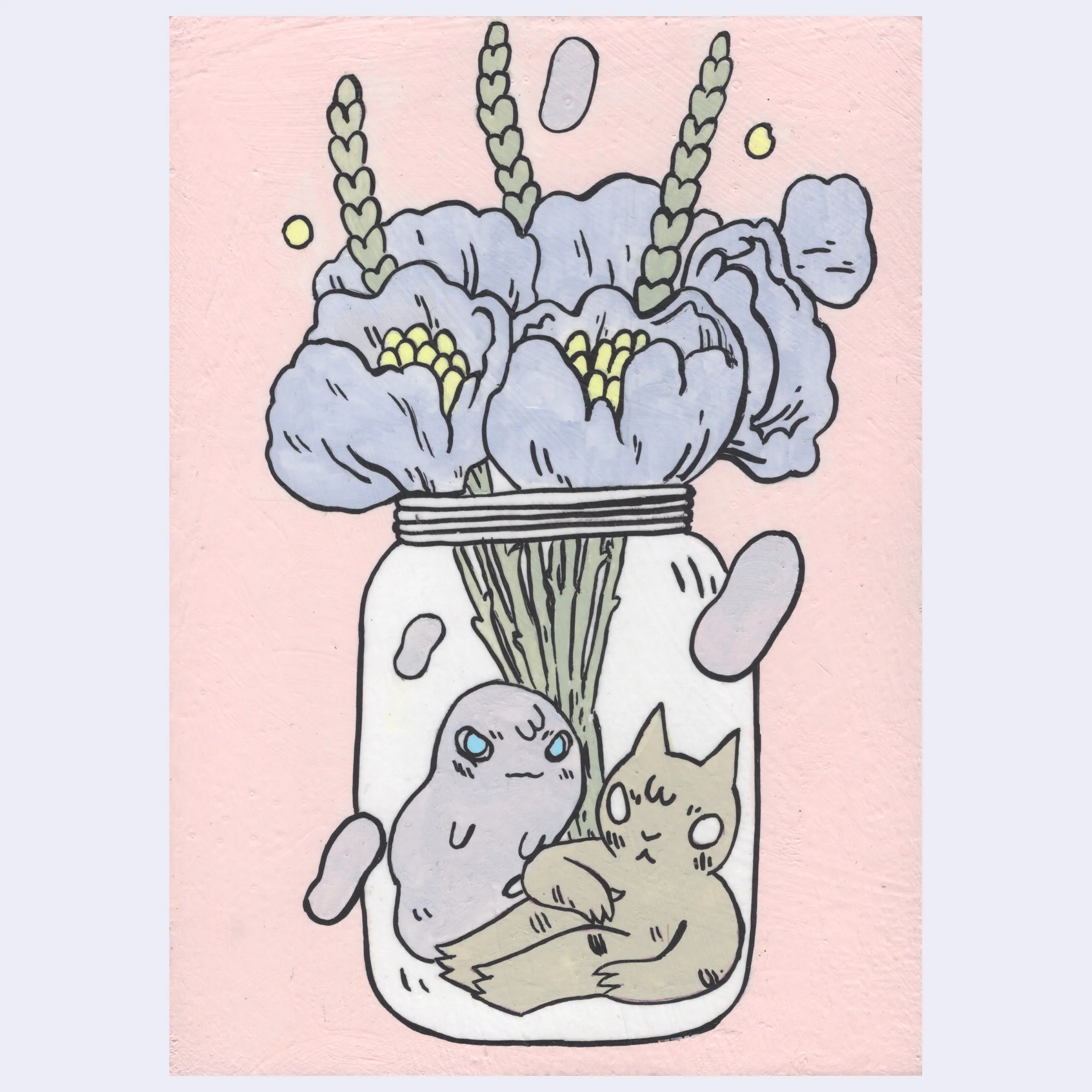 Odd Folk & Fables - Deth P. Sun - "Cat in Mason Jar with Ghost and Large Bouquet of Flowers"