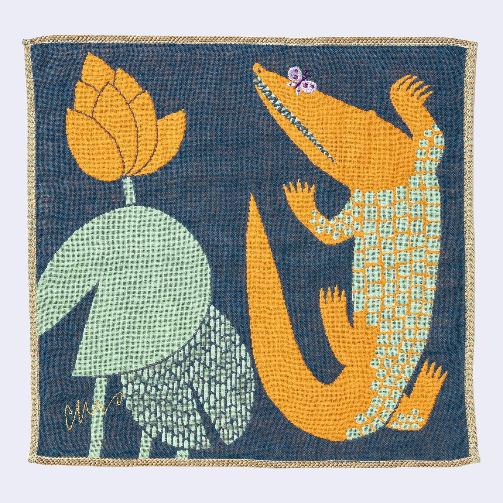 Orange Crocodile Square Handkerchief (Navy Blue)
