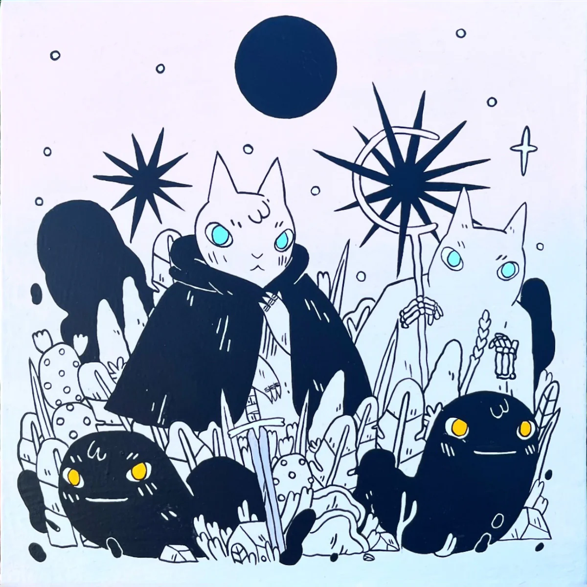 Post-it Show 19 (2023) - #20 - Deth P Sun - Untitled (Caped Cat w/ Ghosts in Bushes)