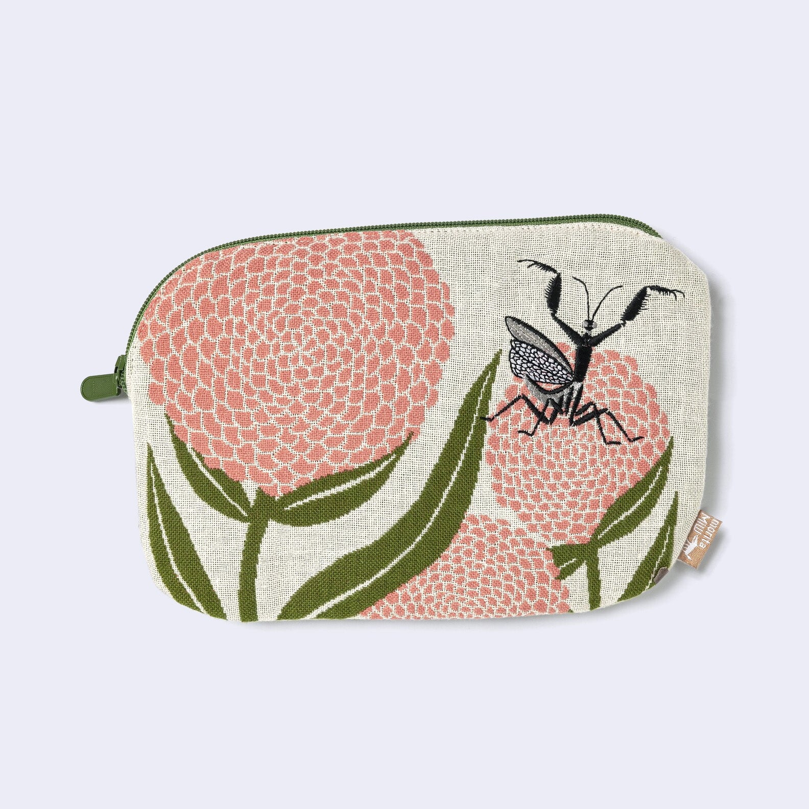 Praying Mantis and Flowers Zip Pouch/Bag (Beige)