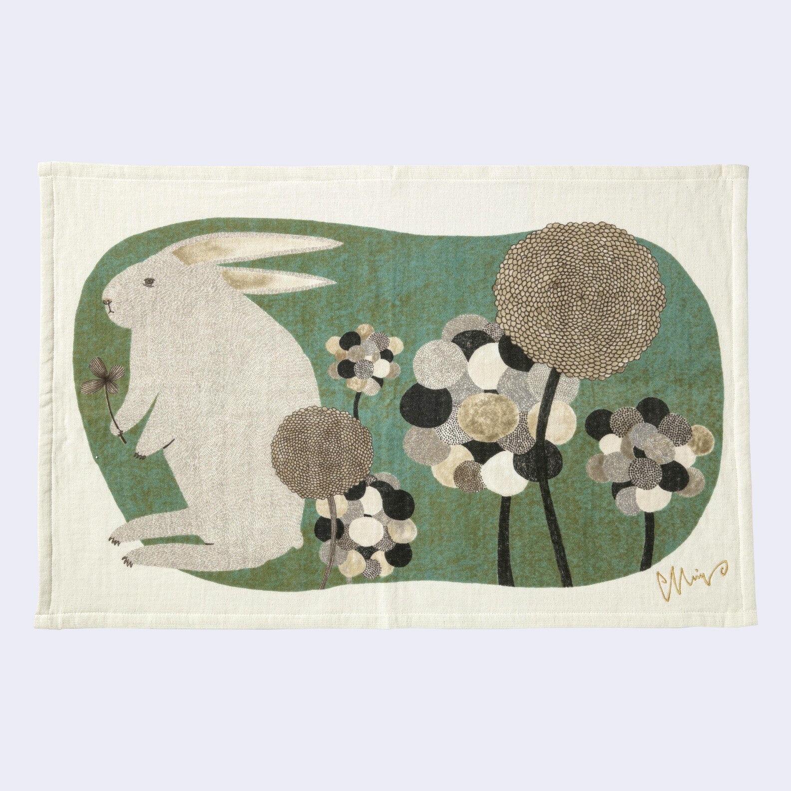 Rabbit Large Rectangle Tea Towel (Beige and Green)