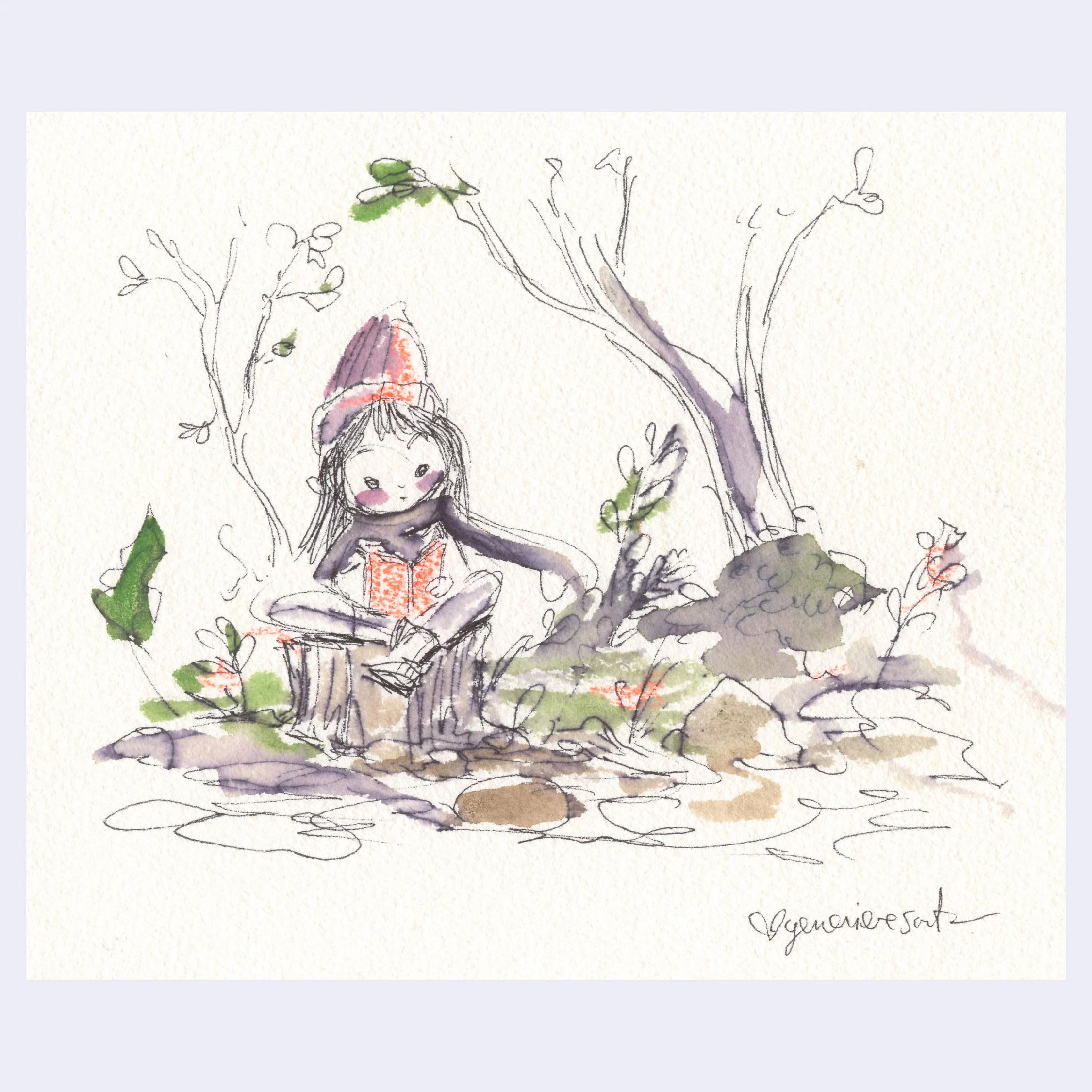 Raku (Mini) Gaki - Genevieve Santos - "Quiet Reader in the Woods"