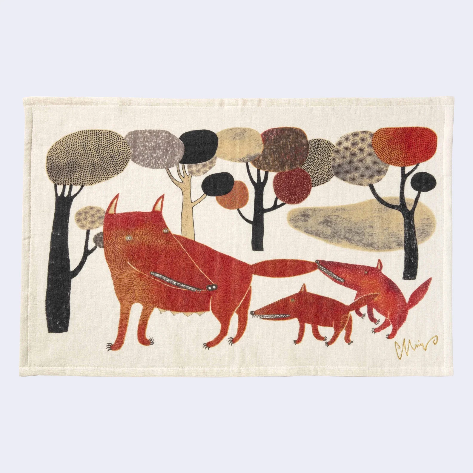Red Fox/Wolf Family Rectangle Tea Towel (Beige)