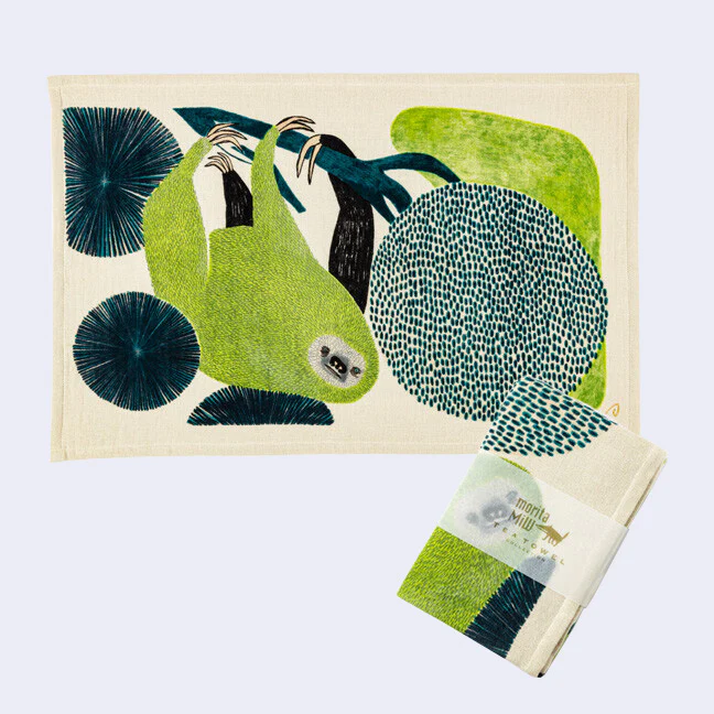 Sloth Large Rectangle Tea Towel (Beige and Green)