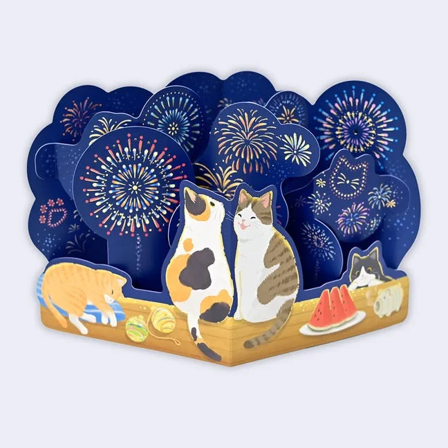 Summer Festival Firework Cats - 3D Greeting Card