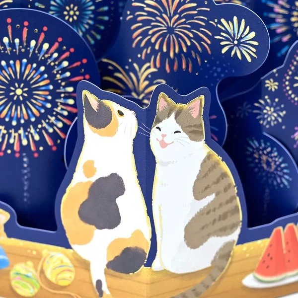 Summer Festival Firework Cats - 3D Greeting Card - Image 2