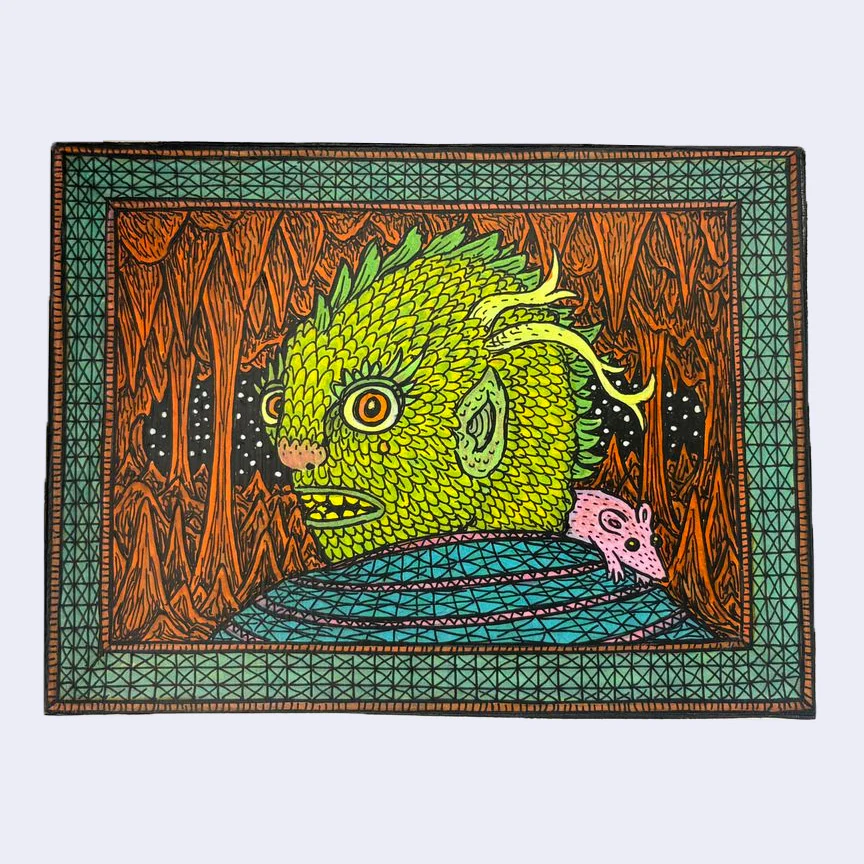 Theo Ellsworth - New Thought Form Folk - #25 - "Reptile Kid With Mouse Friend"